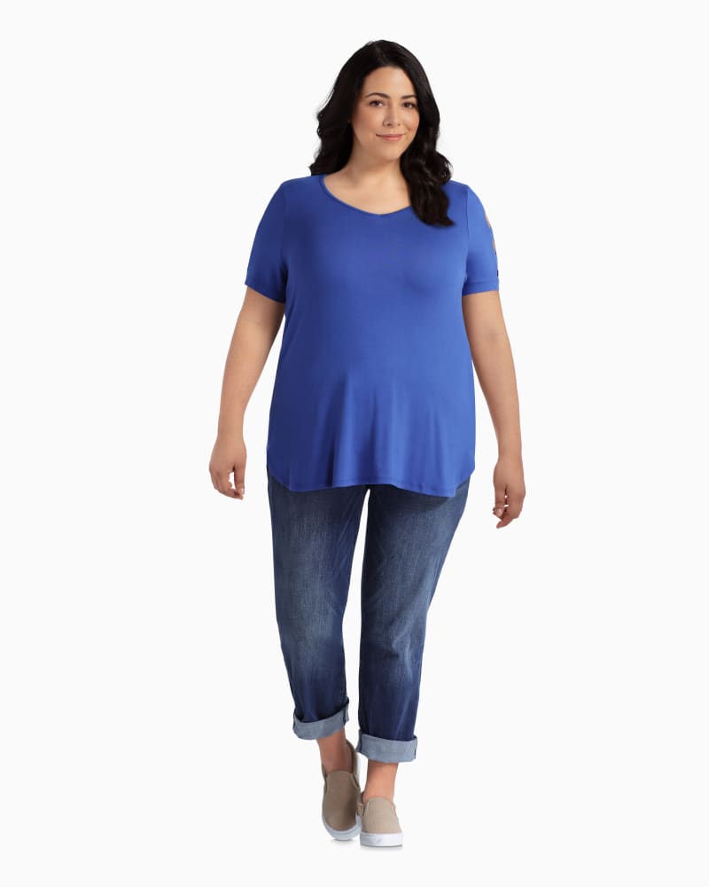 Plus size model with rectangle body shape wearing Jackie Lattice Cutout Top by Meera Lane | Dia&Co | dia_product_style_image_id:110585